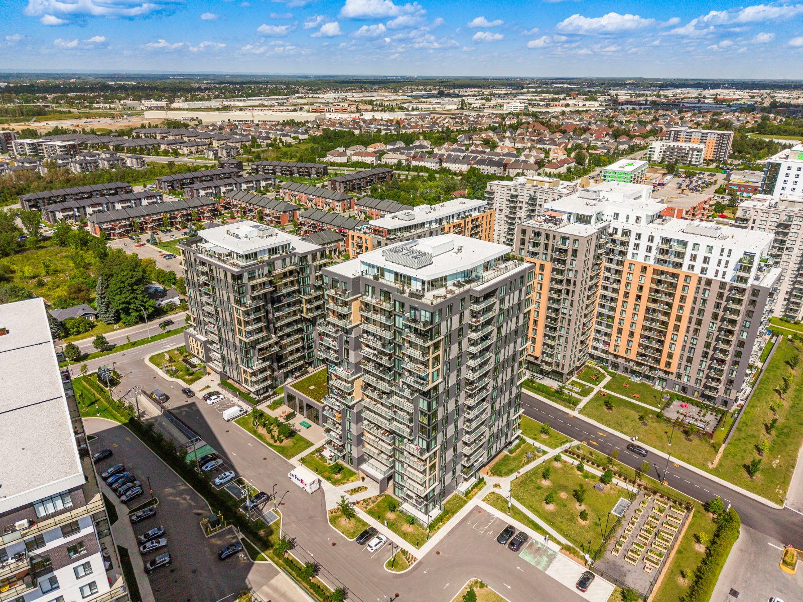 Aerial view of the Chomedey district and the Le Market buildings in Laval