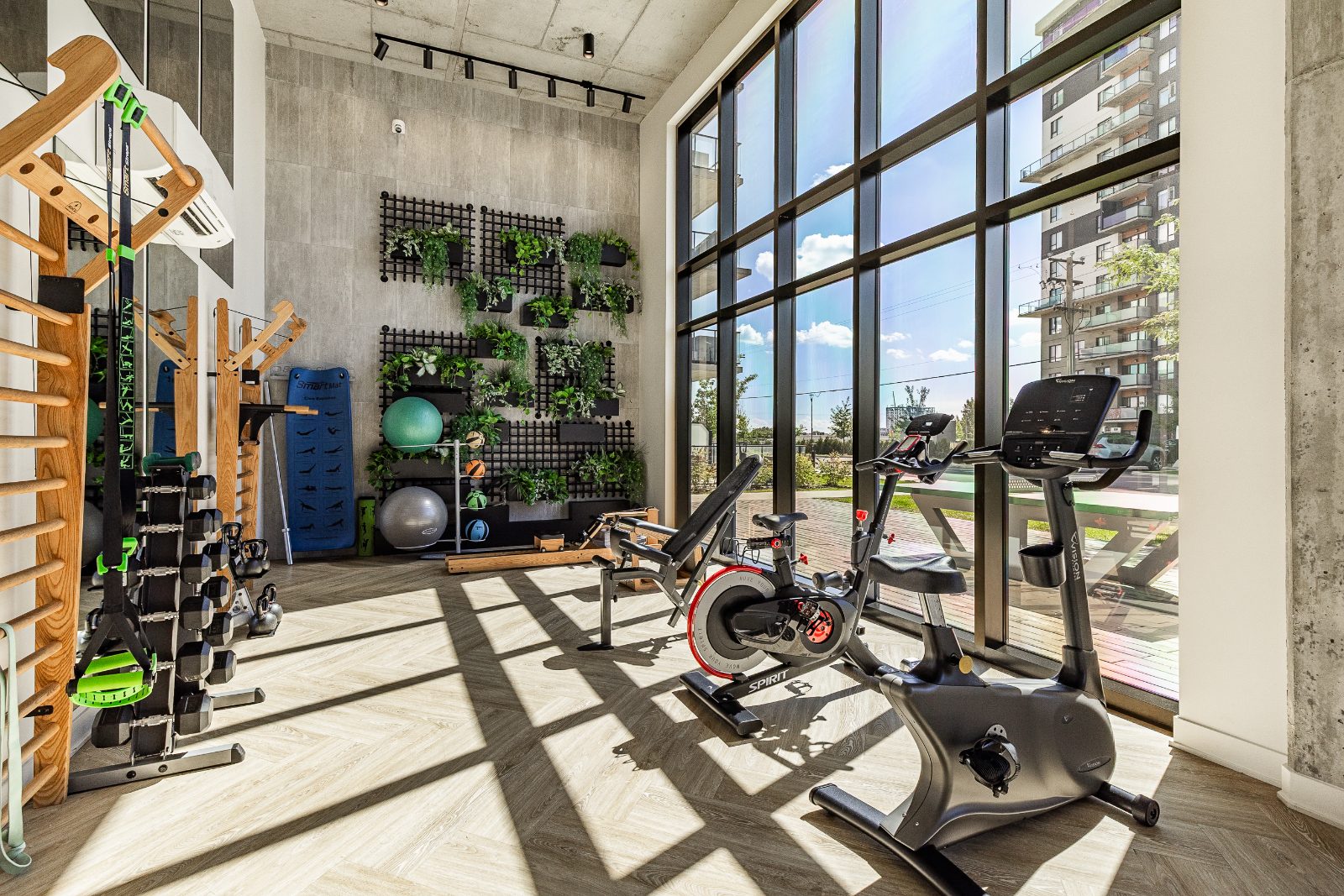Glass-walled fitness room of the Le Market building